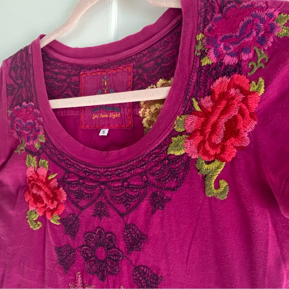 Johnny Was Magenta Floral Embroidered Tee - Picture 2 of 7